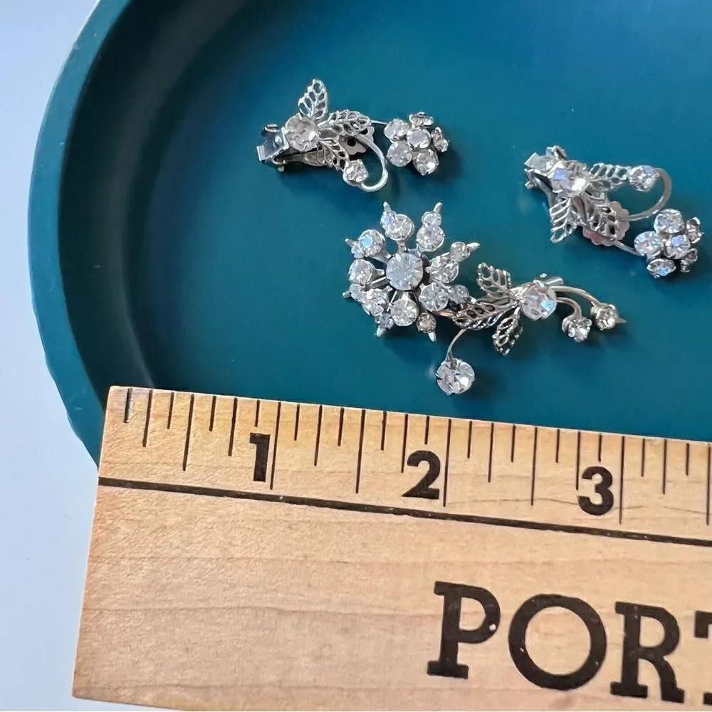Sparkly 3 Pc Vintage MCM 1950s 1960s Rhinestone Floral Clip Earrings Brooch Set